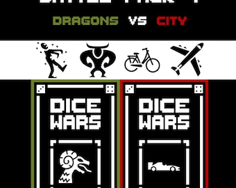 Dice Wars Expansion – 2 Player Dice Card Game – Dragons vs City – Battle Pack 7 – Strategy TCG – Dark Green vs Dark Red – 48 Cards + 4 Dice