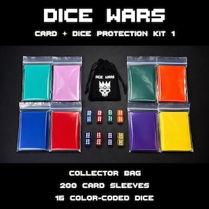 Dice Wars – Complete Card & Dice Protection Kit 1 – Collector Dice Bag, Card Sleeve and Dice Set – Includes 200 Matte Card Sleeves + 16 Dice