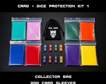 Dice Wars – Complete Card & Dice Protection Kit 1 – Collector Dice Bag, Card Sleeve and Dice Set – Includes 200 Matte Card Sleeves + 16 Dice