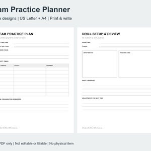 Team Practice Planner Printable PDF, Coach Session Schedule and Drill Setup Notes, Letter and A4