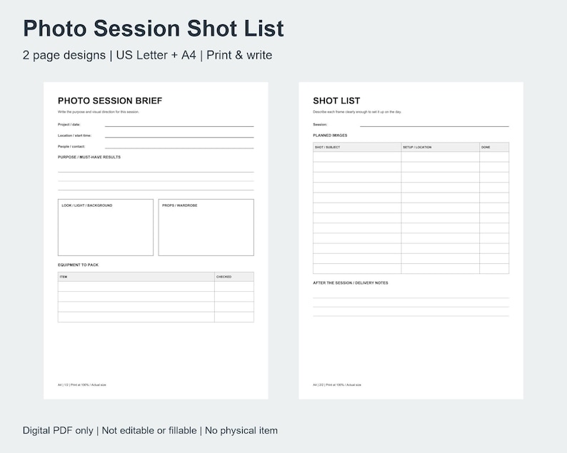 Photography Shot List Printable PDF, Photo Session Planner and ...