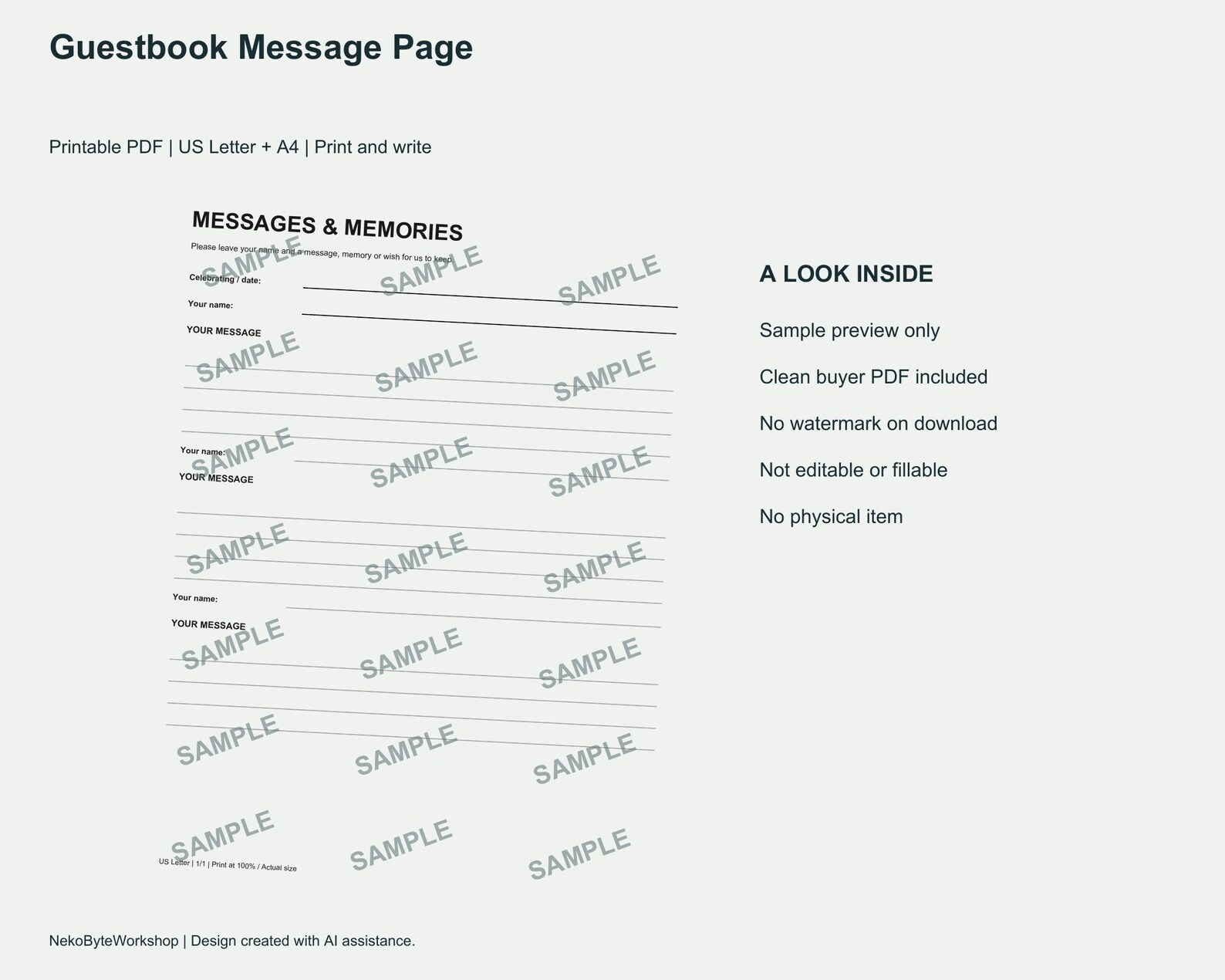 Printable Message Paper Guestbook Message Page Printable PDF, Event Keepsake Wishes and ...