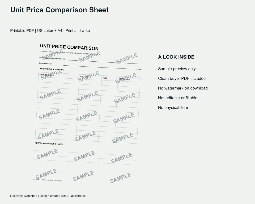 Price Pack Layout Buy Unit Price Comparison Sheet Printable PDF, Package Size and Cost ...