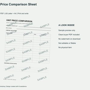 Price Pack Layout Buy Unit Price Comparison Sheet Printable PDF, Package Size and Cost ...