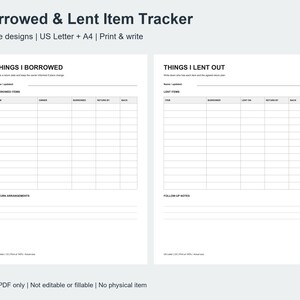 Pode incluir: Um rastreador de itens emprestados e tomados de empréstimo de duas páginas intitulado Borrowed & Lent Item Tracker. A página esquerda é intitulada Things I Borrowed com colunas para item, proprietário, data de empréstimo, data de devolução e retorno. A direita é Things I Lent Out.