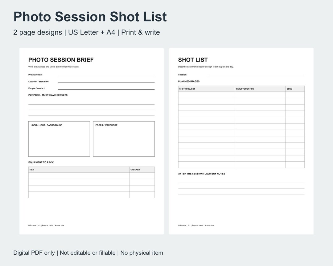 Photography Shot List Printable PDF, Photo Session Planner and ...