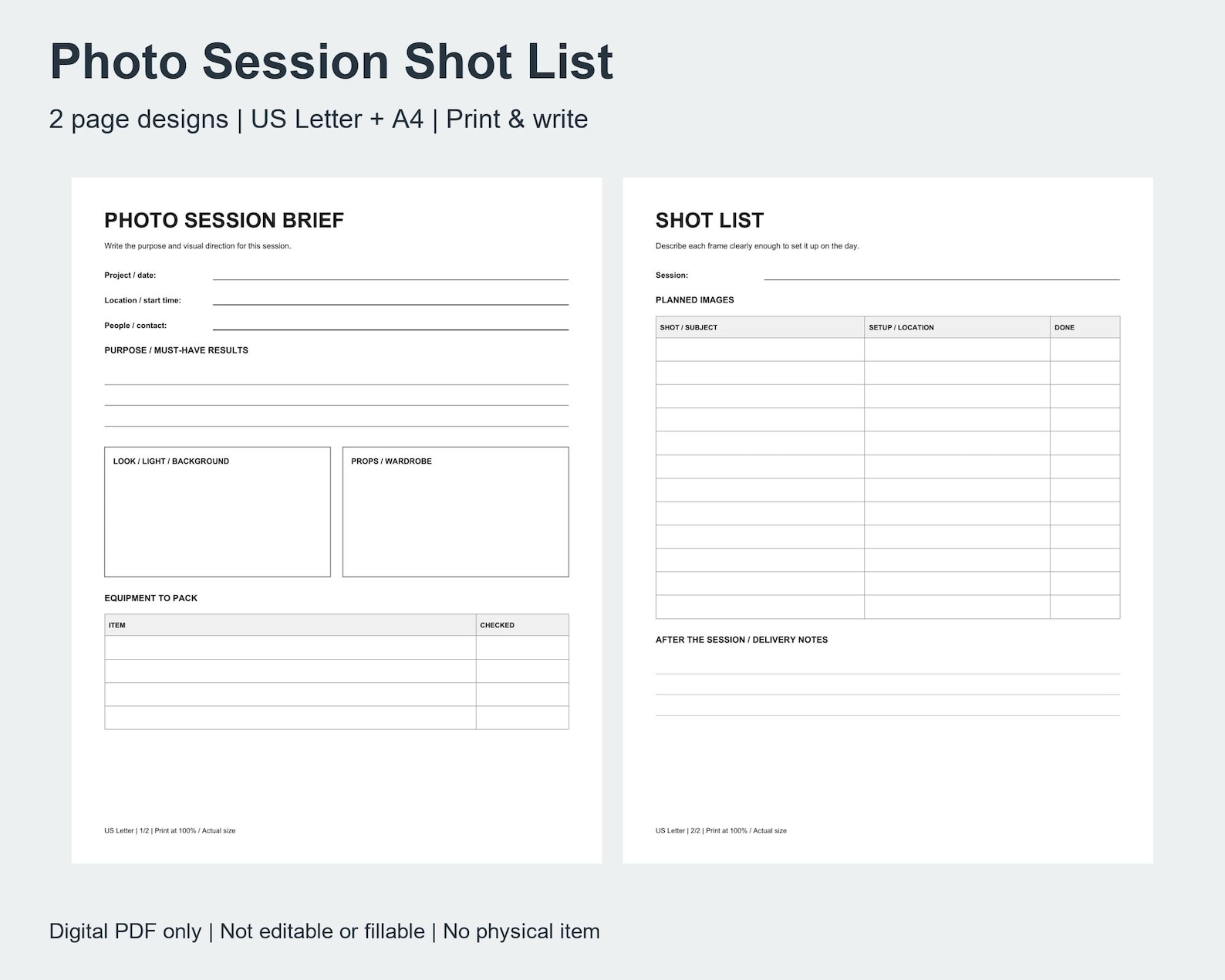 Photography Shot List Printable PDF, Photo Session Planner and ...