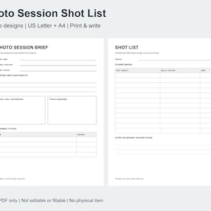 May include: A two-page photo session shot list template in black and white. The left page is a photo session brief with sections for project details, purpose, look, and equipment. The right page is a shot list table for planned images.