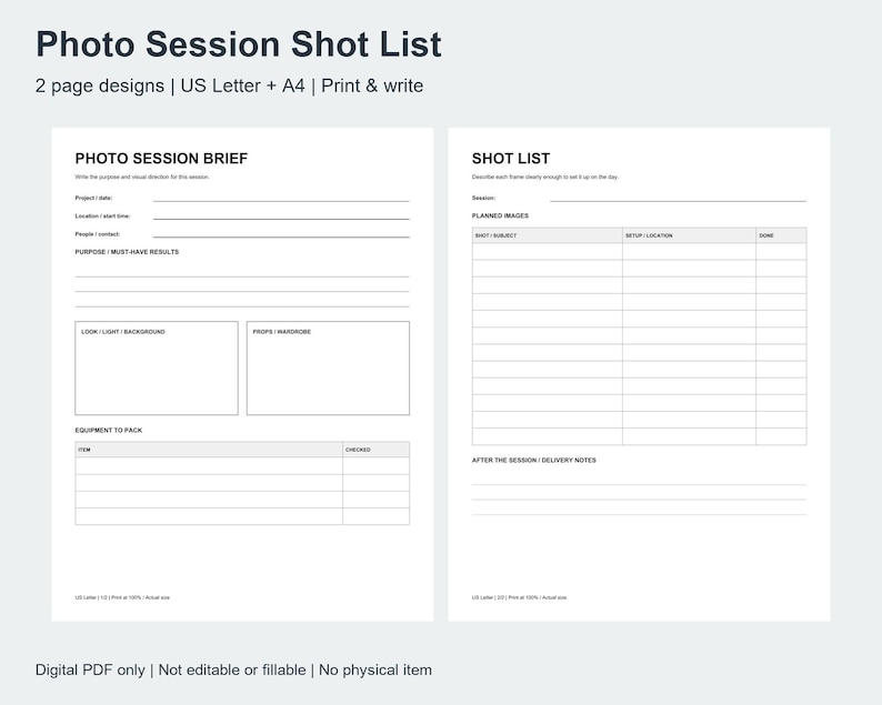 Photography Checlist Example Photography Shot List Printable PDF, Photo Session Planner and ...