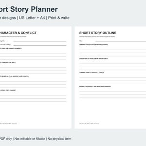 May include: A Short Story Planner digital document featuring two white pages with black text. The left page is titled Character & Conflict, and the right page is titled Short Story Outline. Both pages contain lines for writing.