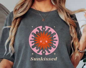 Sunkissed Groovy Sun Shirt | Boho Retro Sunshine Graphic Tee | Celestial Summer Aesthetic T-Shirt | Soft Bold Sun Face Design FLR_010