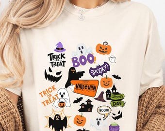 Halloween Collage Shirt, Spooky Ghost Pumpkin Trick or Treat Graphic T-Shirt, Garment-Dyed Tee for Halloween Party