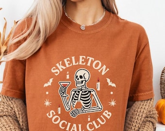 Skeleton Social Club Halloween Shirt, retro skeleton graphic tee, women’s graphic t-shirt, spooky season gift