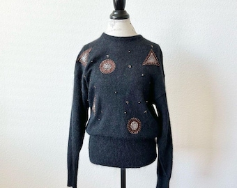 Vintage Escada Wool Sweater in Black Size 34 XS Beaded Detail
