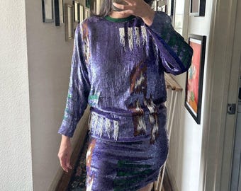 Vintage Frank Tignino Beaded & Sequined Silk Mini Dress in Purple Size Medium