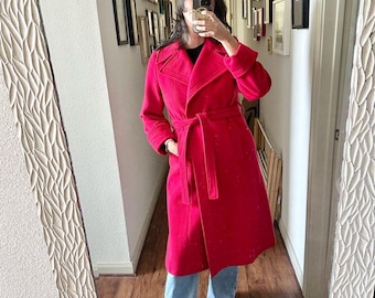 Vintage Pure Cashmere Women's Red Belted Maxi Coat Size Medium Petite