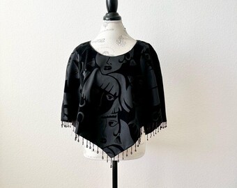Vintage Lee Concepts Black Poncho with Beaded Fringe Size O/S