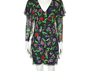 Vintage Holly Harp Ruffle Layered Tiered Floral Dress in Black Size Medium 80s