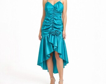 Vintage 80s Rosette Cocktail Dress in Tesl Blue Size XS
