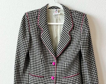 Vintage Ungaro Paris Schwarz Weißer Hahnentritt Blazer mit Rosa Borte Größe S