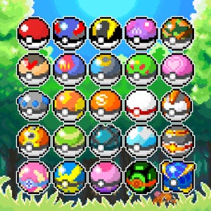 May include: A grid of twenty pixelated Poké Balls in various colors and designs, set against a green and blue background. Each ball features a white and black base, with diverse top sections including red, blue, yellow, and pink.