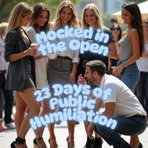 Può includere: Una scena all'aperto con un gruppo di persone. L'immagine presenta il testo "Mocked in the Open" e "23 Days of Public Humiliation" in un carattere azzurro chiaro. Le persone indossano vari abiti, tra cui abiti, gonne e jeans.