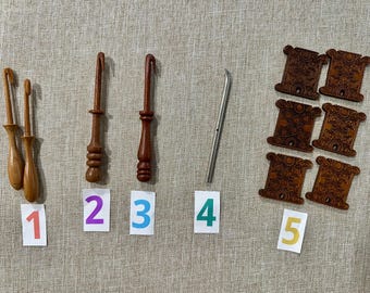 Estate Bobbin Lace Tools, Hand-made Hook Bobbins, Decorated Thread Holders