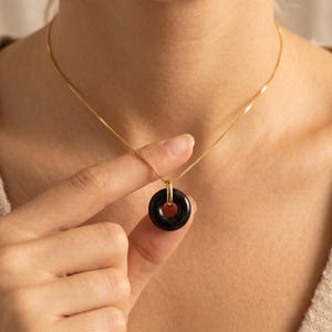 Natural Black Jade Donut Pendant Necklace, Gold Plated Sterling Silver, Minimalist Style