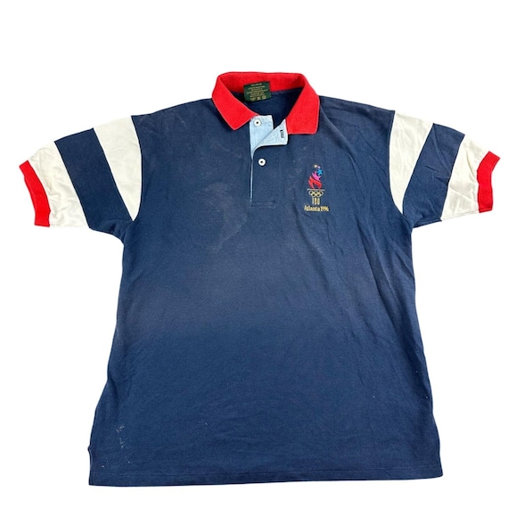 Hanes, Vintage Olympic Games Hanes Polo Shirt Medium Blue Atlanta 1996 USA Made Cotton
