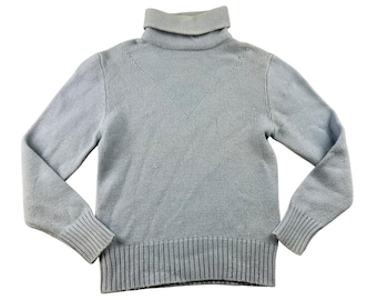 Vintage Bogner-sweater blauw M 100% scheerwol, Hong Kong made coltrui geribbeld ski