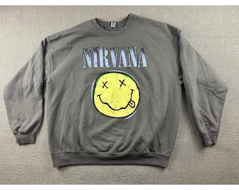 Vintage Gildan-sweater, uniseks volwassenen XL grijze nirvana grafische band grunge rock