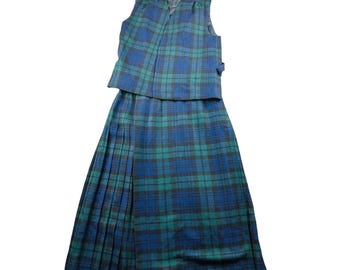 Completo gonna a 2 pezzi Vintage Brendella Plaid Donna M (8) Verde Blu Lana Pieghettata