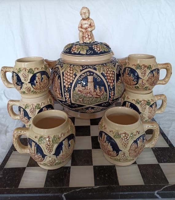 Gerz Bowle-Schale mit Deckel+Griff, kobaltblau, 4 l, Suppe, Bowle, Glühwein, Punsch, Steinzeug, Germany, Vintage,+6 passende Krüge
