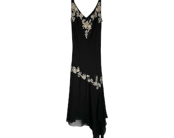 Vintage Y2k Beaded Embroidered Floral Asymmetrical Midi Dress Fairy Grunge Sz 8