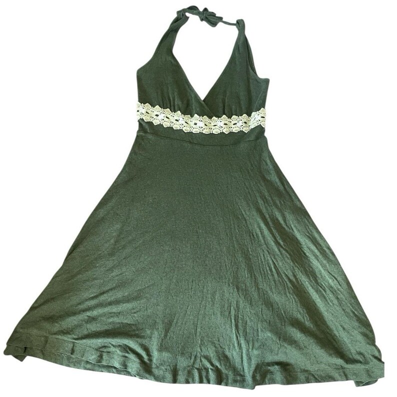 Y2k Free People Babydoll Halter Neck Green Mini Dress Crochet Empire Waist Fairy image 11