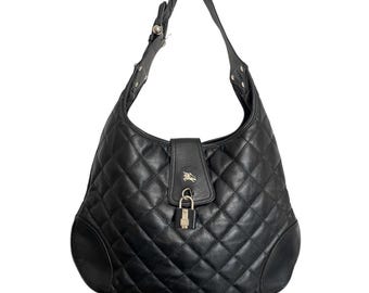 Y2K Burberry Brooke Padlock Black Quilted Leather Hobo Handbag Purse Equestrian