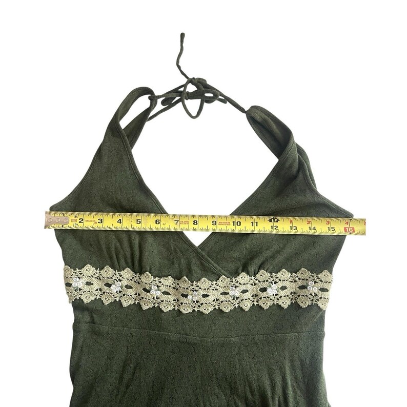 Y2k Free People Babydoll Halter Neck Green Mini Dress Crochet Empire Waist Fairy image 9