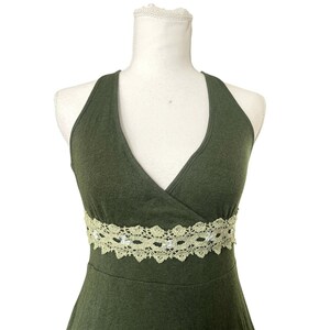 Y2k Free People Babydoll Halter Neck Green Mini Dress Crochet Empire Waist Fairy image 3