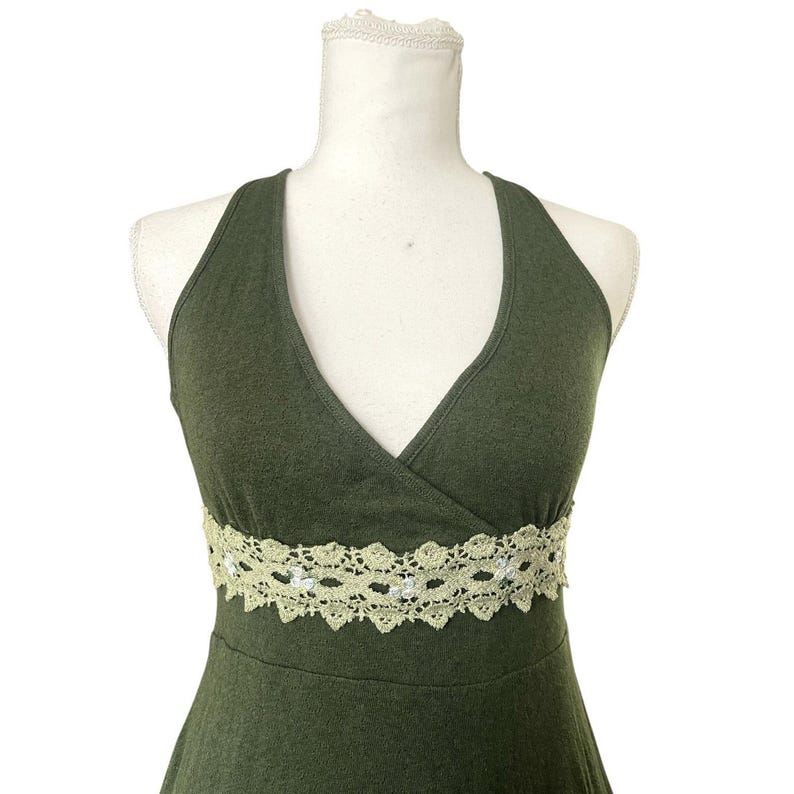 Y2k Free People Babydoll Halter Neck Green Mini Dress Crochet Empire Waist Fairy image 3
