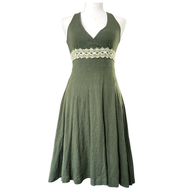 Y2k Free People Babydoll Halter Neck Green Mini Dress Crochet Empire Waist Fairy image 2