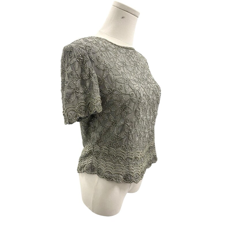 Vintage 80er Jahre Adrianna Pall Seide Perlen Blumen Top Sz 8 Abendgarderobe Glamour Bild 5