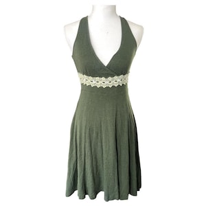 Y2k Free People Babydoll Halter Neck Green Mini Dress Crochet Empire Waist Fairy image 1