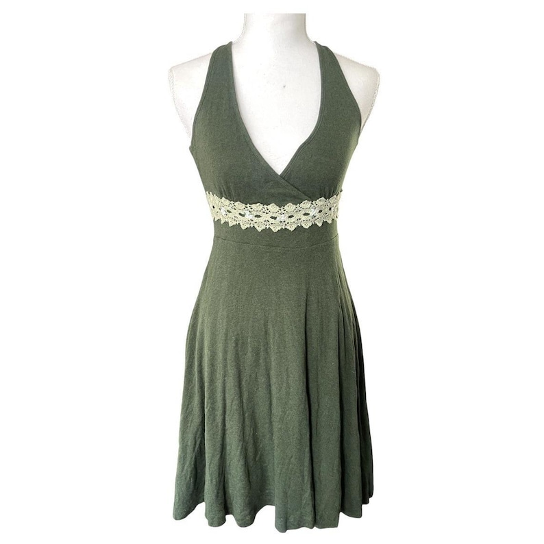 Y2k Free People Babydoll Halter Neck Green Mini Dress Crochet Empire Waist Fairy image 1