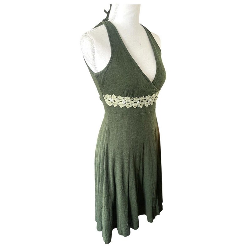 Y2k Free People Babydoll Halter Neck Green Mini Dress Crochet Empire Waist Fairy image 4