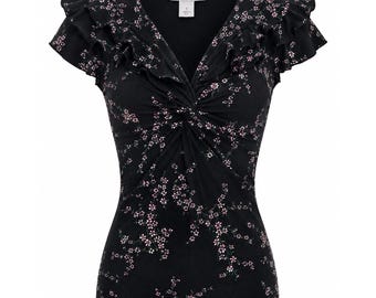 Vintage Y2K DressBarn Babydoll Black Floral Top Sz S Fairycore Dark Coquette