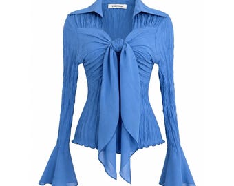Vintage Y2K Kaelyn Max Blue Bell Sleeve Crinkle Top sz L 90s Bratzcore Resort