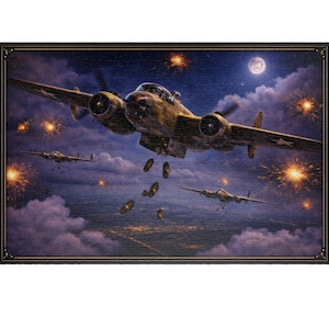 Night Bombing Run Puzzle  B-25 Bombers in Formation, WWII Aviation Art Jigsaw, 1014 Pieces
