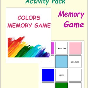 Paquete de aprendizaje de colores en español para niños de 5 a 9 años / Tarjetas didácticas, páginas para colorear, sopa de letras y juego de memoria / PDF