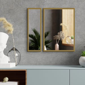 May include: Two rectangular gold-framed mirrors are mounted on a gray wall. The mirrors reflect a room with plants and decor. A white bust, a glass vase with dried flowers, and a clock are on a blue cabinet in front of the wall.