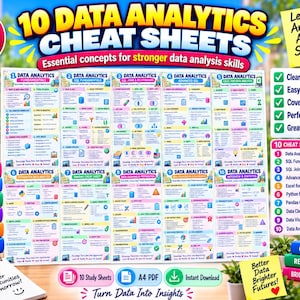 May include: A collection of 10 data analytics cheat sheets in PDF format, featuring colorful charts and text covering topics like SQL, Python, and Excel. The set includes study guides for data cleaning, visualization, and interview preparation.
